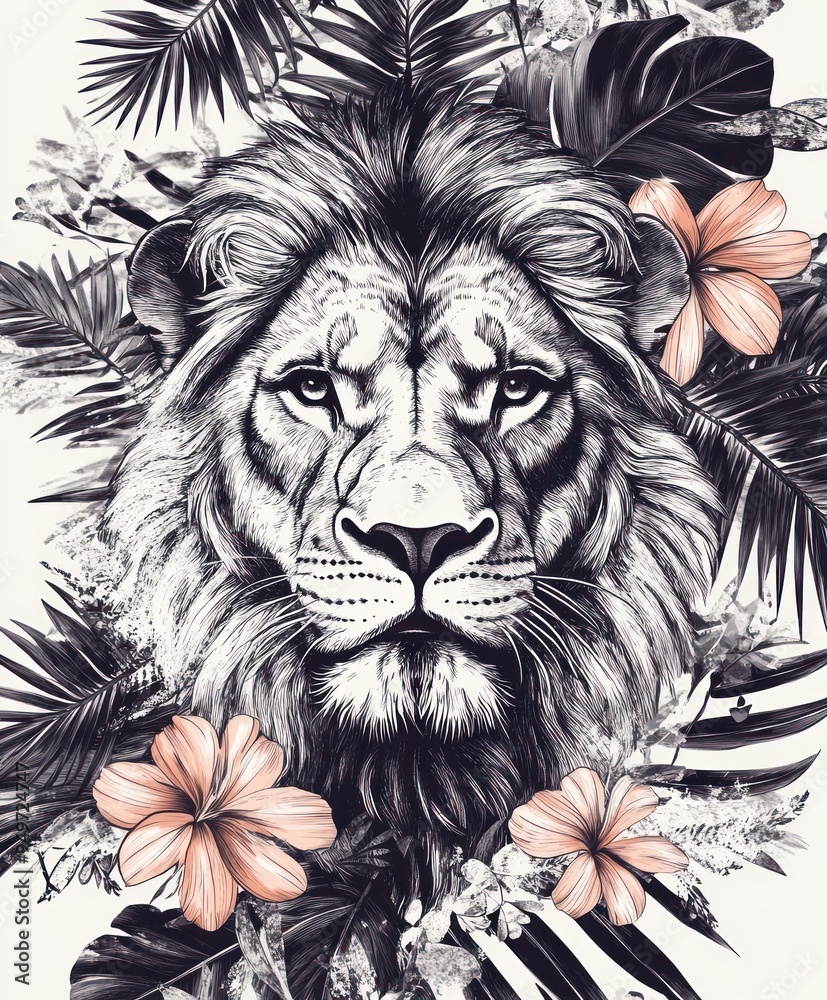 A detailed illustration of a lion's face surrounded by tropical foliage and flowers. A detailed illustration of a lion's face surrounded by tropical foliage and flowers.