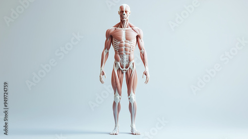 High-resolution Anatomical Study of the Human Skeleton with Muscular Structure Overlay, Perfect for Medical Education and Physiotherapy Training, Focusing on Accurate Body Representation
