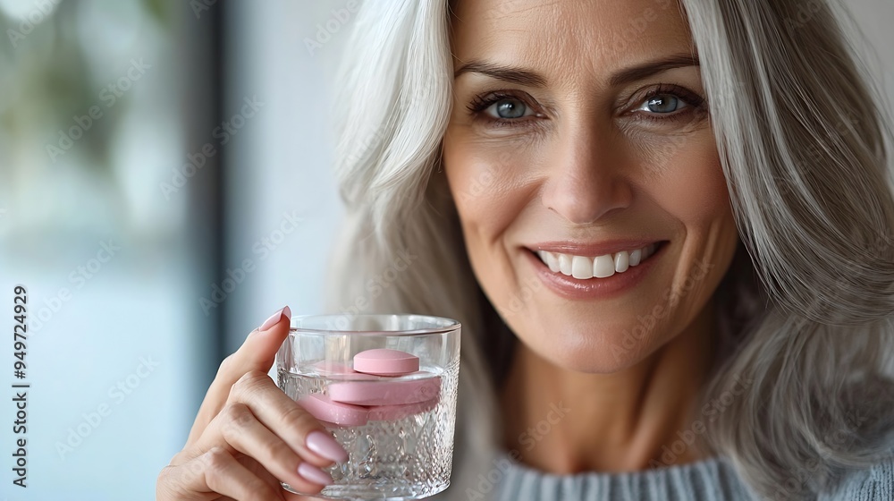 Smiling happy healthy middle aged 50s woman holding glass of water taking dietary supplement vitamin pink pill isolated on white background Old women multivitamins antioxidants for ant : Generative AI Smiling happy healthy middle aged 50s woman holding glass of water taking dietary supplement vitamin pink pill isolated on white background Old women multivitamins antioxidants for ant : Generative AI