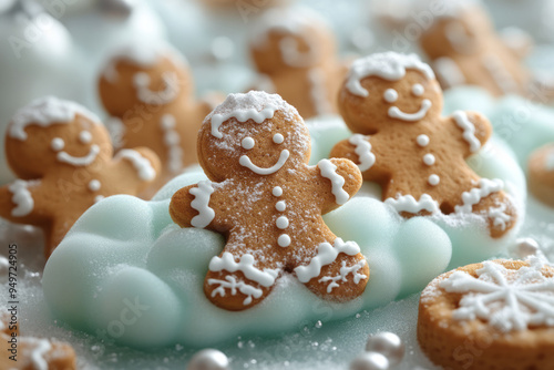 Floating gingerbread men in a light pastel green cloud,