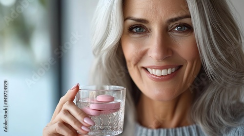 Smiling happy healthy middle aged 50s woman holding glass of water taking dietary supplement vitamin pink pill isolated on white background Old women multivitamins antioxidants for ant : Generative AI