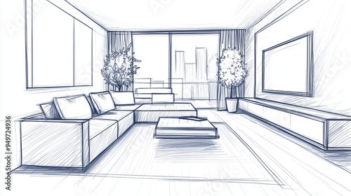 Monochromatic Sketch of a Modern, Minimalist Living Room Interior Featuring an Open Staircase and Contemporary Furniture Design, Emphasizing Simplicity and Functionality