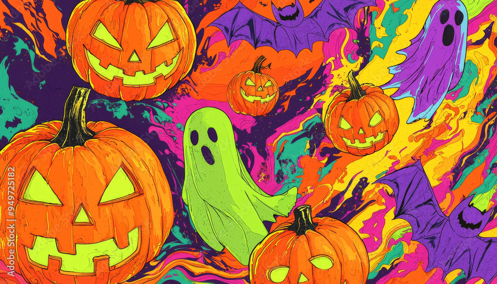 Abstract Halloween Illustration with Pumpkins, Bats, and Ghosts Abstract Halloween Illustration with Pumpkins, Bats, and Ghosts