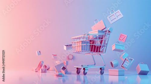 colorful shopping scene with pastel tones, a car filled with shopping bags and receipts 