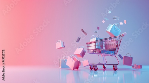 vibrant 3D render of a shopping cart filled with bags, E-commerce, retail, receipts and coupons floating in the air 