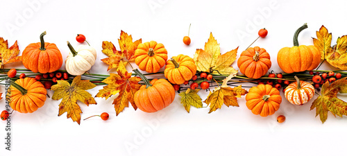 Autumn decoration with pumpkins, berries and leaves on a white background. photo