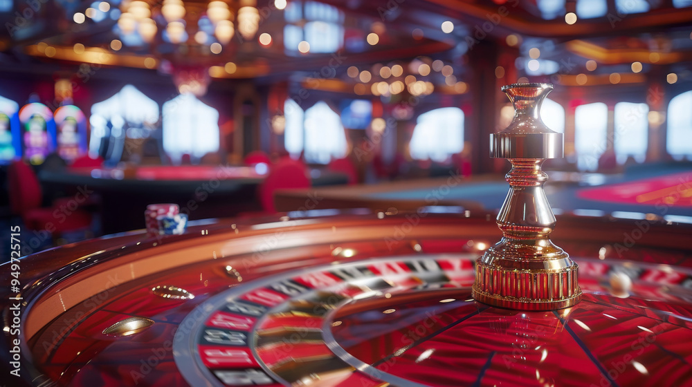 A roulette wheel in a casino with the ball spinning and the numbers visible. The table is red and the wheel is surrounded by a silver and gold trim A roulette wheel in a casino with the ball spinning and the numbers visible. The table is red and the wheel is surrounded by a silver and gold trim