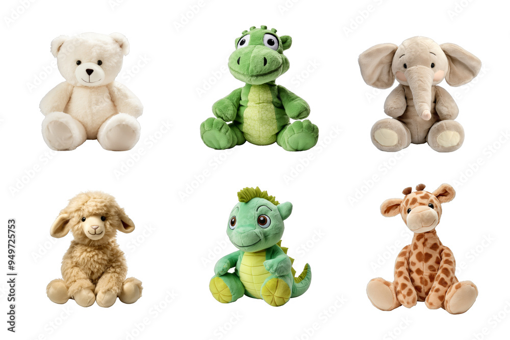 Fototapeta premium Stuffed Animal Toy Collection Bundle Set Isolated on a Transparent Background