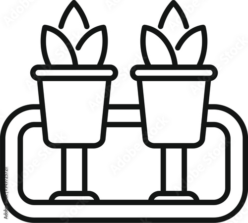 Simple vector icon of two plants growing in pots connected by a pipe, representing a hydroponic system