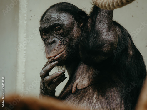 Porträt eines nachdenklich wirkenden Bonobo (Pan paniscus) in einem Tierpark photo