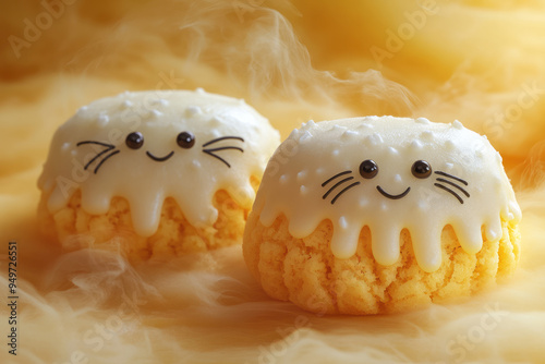 Floating spider cookies in a light pastel yellow cloud, photo