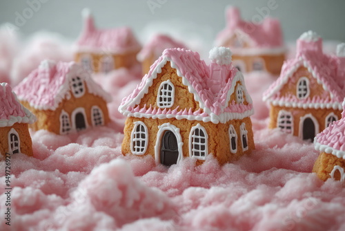 Floating haunted house-shaped cookies in a light pastel pink sky, photo