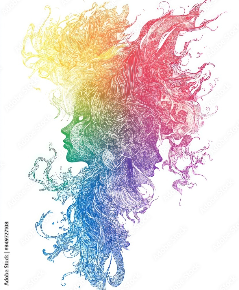 A vibrant, abstract illustration of faces intertwined with colorful, flowing hair. A vibrant, abstract illustration of faces intertwined with colorful, flowing hair.
