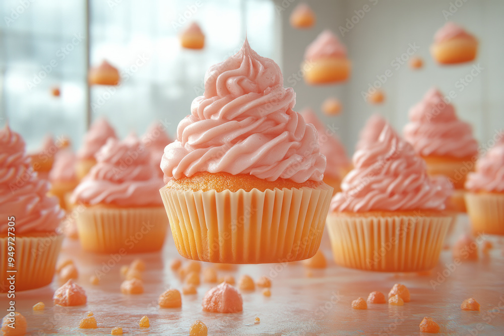 Floating pumpkin cupcakes in a light pastel orange sky, Floating pumpkin cupcakes in a light pastel orange sky,