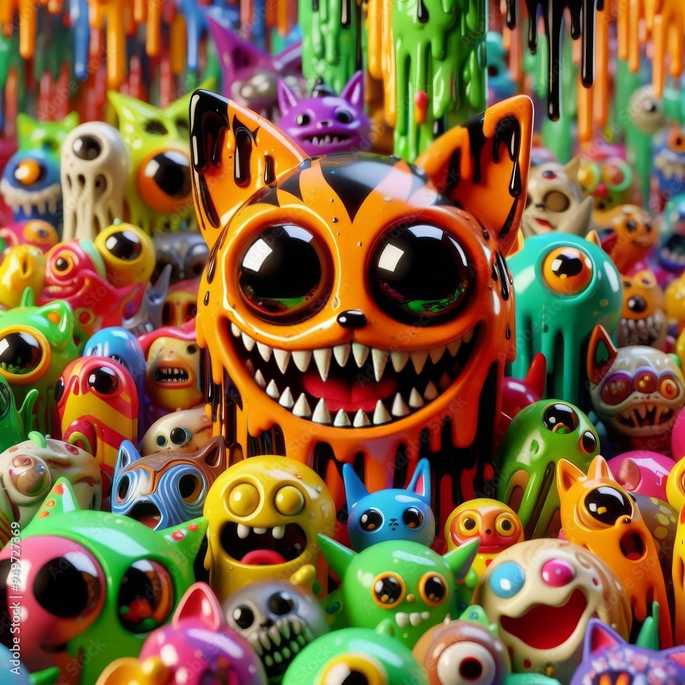 Vibrant Monsters in an Absurd Candy-Like World of Joyful Chaos and Playful Macabre Elements, Captured in Vivid Colors and Expressive Style. Vibrant Monsters in an Absurd Candy-Like World of Joyful Chaos and Playful Macabre Elements, Captured in Vivid Colors and Expressive Style.