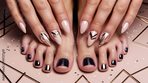a close-up image of modern geometric nail art on both hands and feet. 