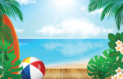 Summer background with palm leaves and beach ball