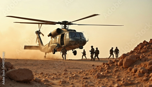 Military helicopter landing on a rocky plateau, soldiers disembarking in the summer heat with dust and sand.







 photo