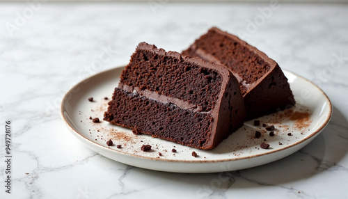 homemade and delicious sliced cake with cocoa and chocolate on white marble in a plate 