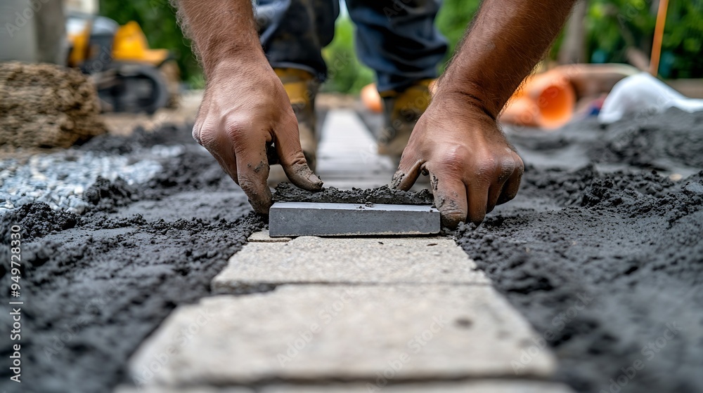 Low angle view of male hands measuring and leveling sand and cement tiles for precise pavement of the outside patio or sidewalk Construction industry and renovation : Generative AI Low angle view of male hands measuring and leveling sand and cement tiles for precise pavement of the outside patio or sidewalk Construction industry and renovation : Generative AI