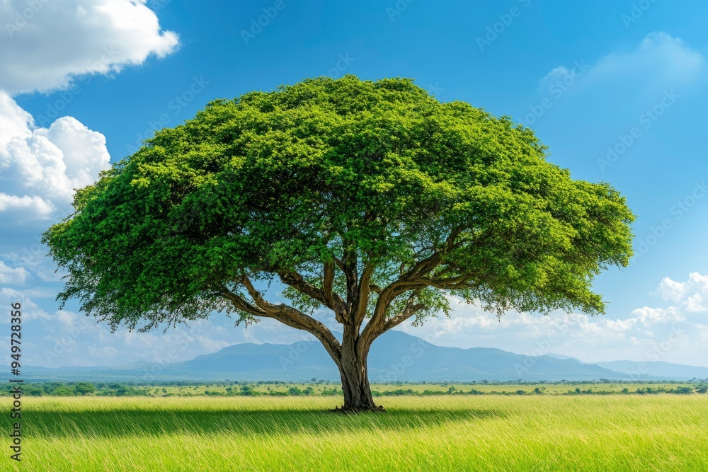Fototapeta premium Solitary Tree in a Lush Grassland with a Blue Sky and Distant Mountains
