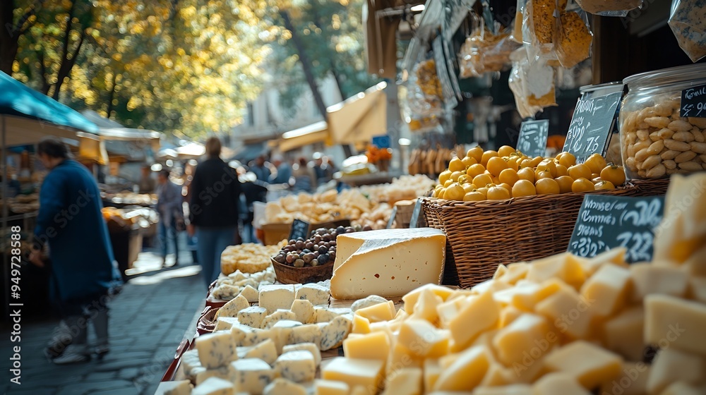 Fototapeta premium Celebrating the Tbilisoba holiday Day of city Tbilisi Georgia Street fair Counter with cheeses for sale Concept of buying dairy farm products Street food festival Shop street market : Generative AI