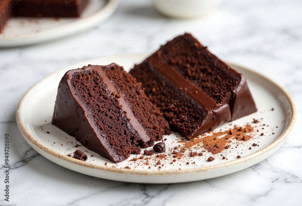 homemade and delicious sliced cake with cocoa and chocolate on white marble in a plate
homemade and delicious sliced cake with cocoa and chocolate on white marble in a plate