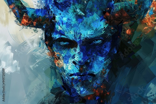 Blue Devil. Fearful Mythical Man with Horns in Beautiful Dreamlike Colorful Creature photo