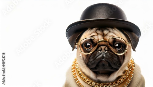 pug with glasses, gold chains and hat.