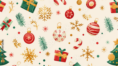 Pattern with a New Year theme. Christmas background with tree decorations, snowflakes, gifts, and New Year's balls