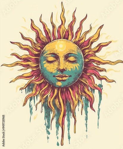 A colorful sun illustration with a serene face, radiating vibrant rays.