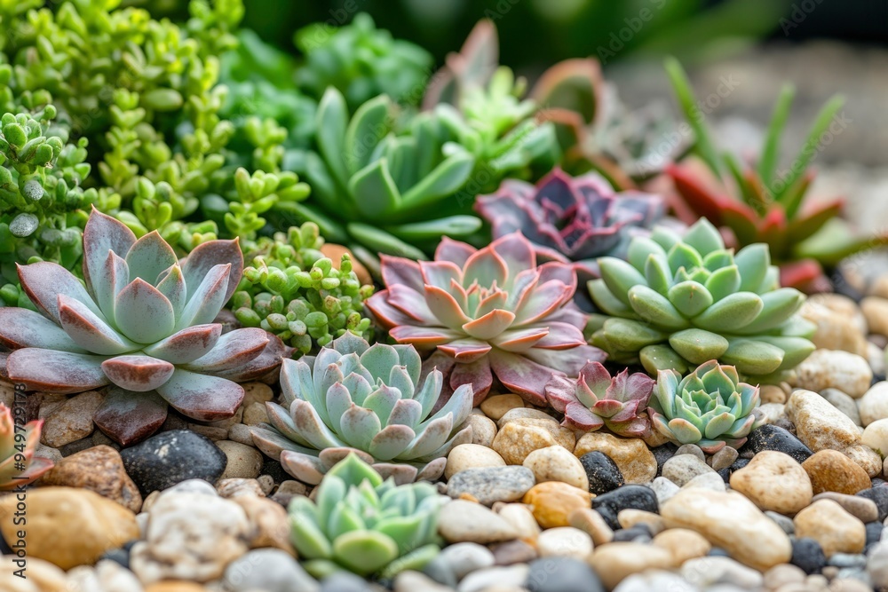 Succulents and Pebbles in a Garden Arrangement Succulents and Pebbles in a Garden Arrangement