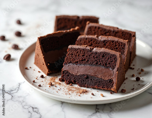 homemade and delicious sliced cake with cocoa and chocolate on white marble in a plate 