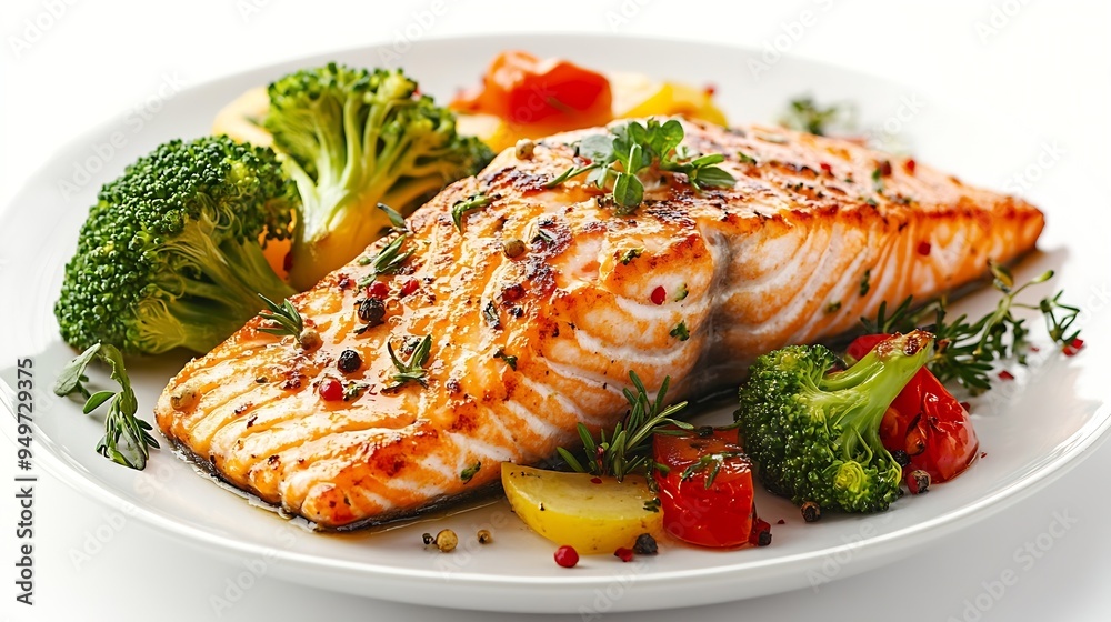 Baked salmon fillet with broccoli and vegetables mix isolated on white background : Generative AI Baked salmon fillet with broccoli and vegetables mix isolated on white background : Generative AI