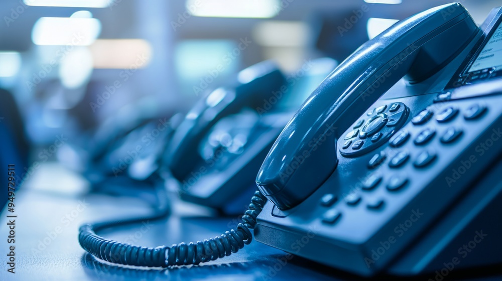 close up soft focus on telephone devices with copy space background at office desk in operation room for customer service support (call center) concept. close up soft focus on telephone devices with copy space background at office desk in operation room for customer service support (call center) concept.
