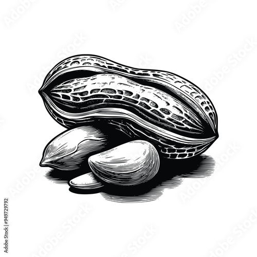 Peanut illustration. hand drawn peanut black and white vector illustration. isolated white background