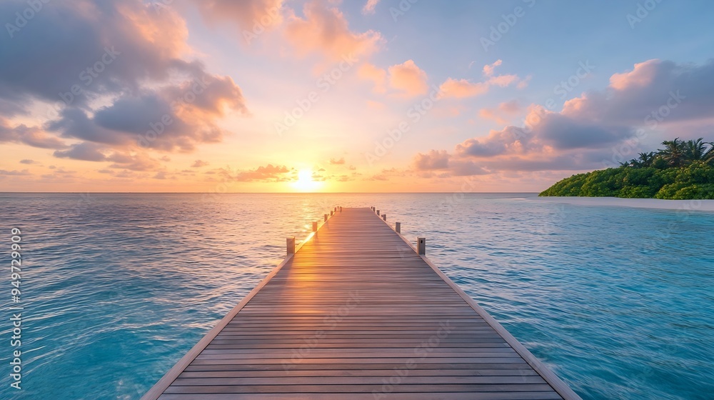 Fototapeta premium pier leading to the island at sunrise in the Maldives the concept of luxury travel : Generative AI