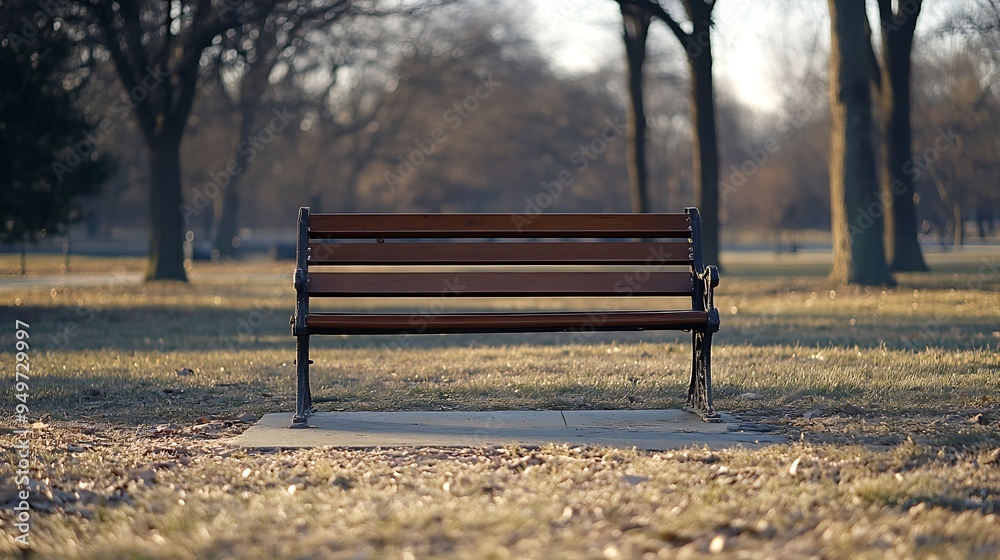 Single empty park bench on concrete slab Early spring No people : Generative AI Single empty park bench on concrete slab Early spring No people : Generative AI