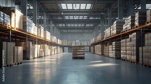 Warehouse hall with boxes and orders Industrial interior of the hall with lighting Logistics distribution industrial interior with gates The work of the marketplace Distribution center : Generative AI