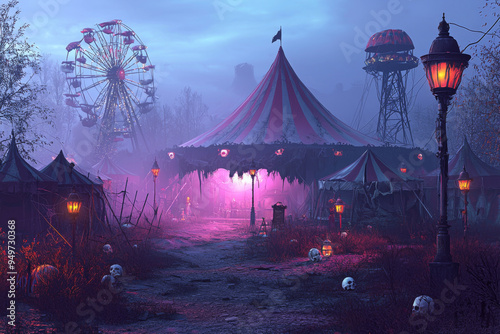 Abandoned Carnival Under a Purple Sky with Skulls Scattered Around