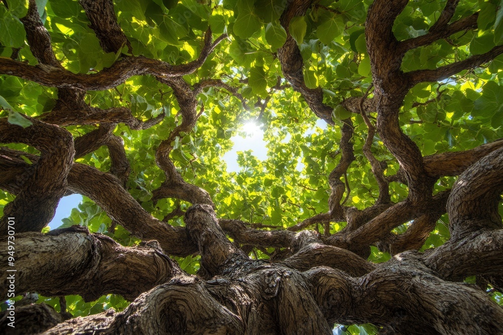 A Low Angle View of Twisted Tree Branches and Lush Green Leaves A Low Angle View of Twisted Tree Branches and Lush Green Leaves