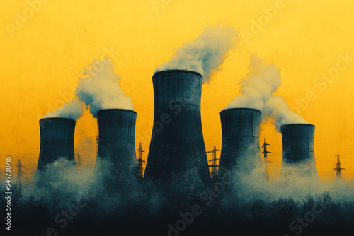 Fragmented nuclear power plant silhouettes scattered across a pale yellow background, photo