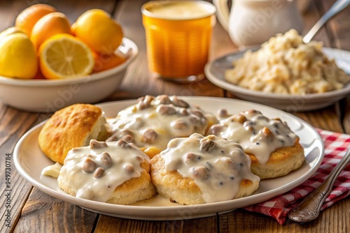 A traditional Southern breakfast featuring biscuits and gravy 1.