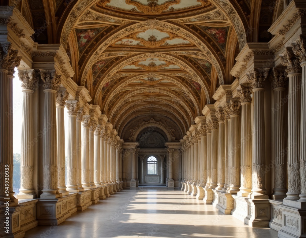 Elegant Arched Hallway With Columns and Intricate Ceiling Design Elegant Arched Hallway With Columns and Intricate Ceiling Design