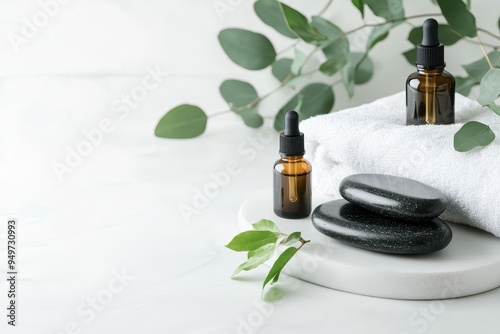 Spa setting with essential oils, stones, and greenery for relaxation and wellness.