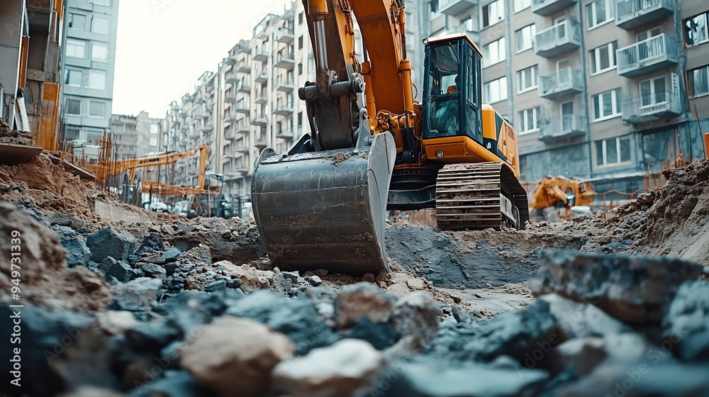 On construction site an excavator fills irregularities in excavations with granite rubble base which will be used for concrete foundation : Generative AI On construction site an excavator fills irregularities in excavations with granite rubble base which will be used for concrete foundation : Generative AI