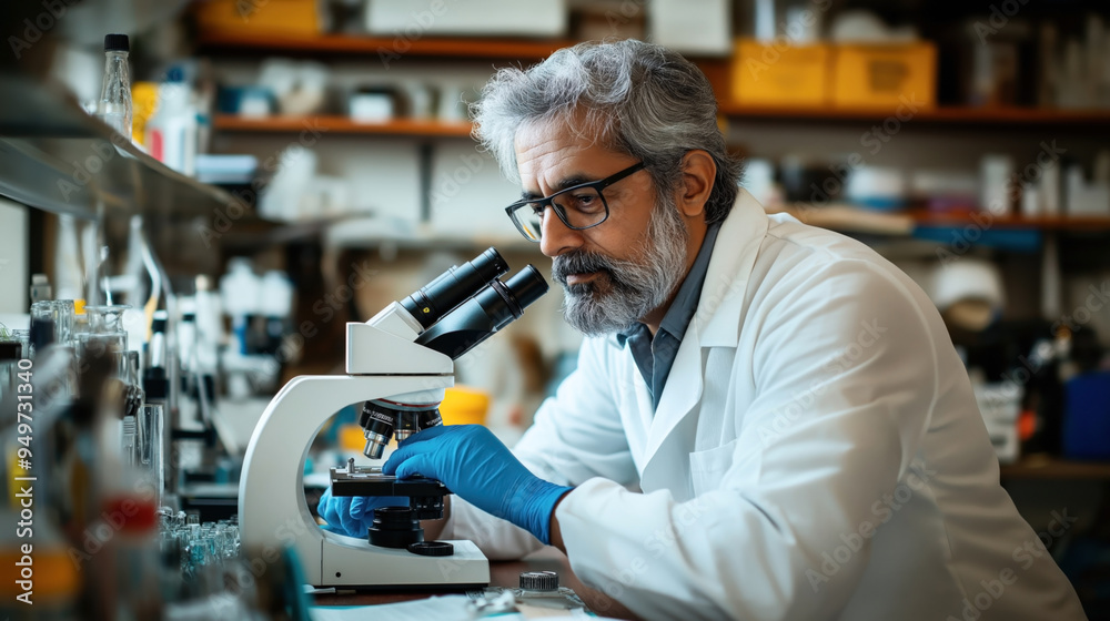 Scientist using a microscope in a laboratory wearing a lab coat and blue gloves. The lab is filled with various scientific equipment and supplies. Scientist using a microscope in a laboratory wearing a lab coat and blue gloves. The lab is filled with various scientific equipment and supplies.