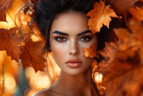 fall beauty model with a stunning leaf-inspired hairstyle, posing in a park filled with autumn foliage, with a few leaves delicately placed on her face