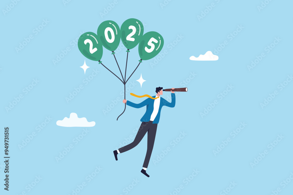 Year 2025 vision, achievement or plan for success, career target or economic forecast, aspiration to work success, new year resolution concept, businessman flying with 2025 balloons with telescope.