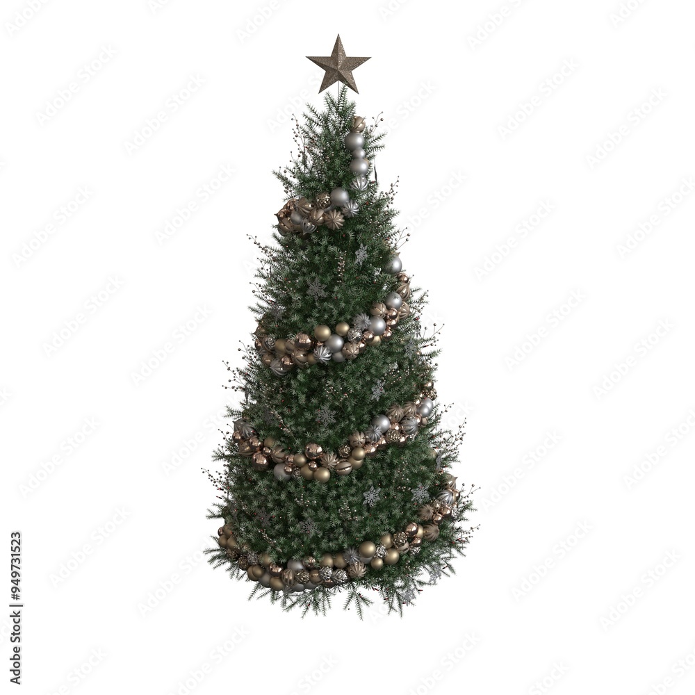 Fototapeta premium Christmas tree with decorations, isolated on white background, 3D illustration, cg render